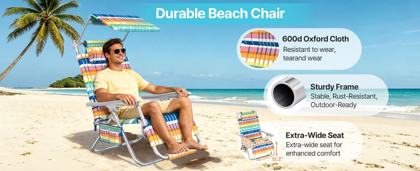 Suteck Zero Gravity Beach Chair with Canopy, Backpack Beach Chairs for Adults, Lightweight Adjustable Reclining Beach Chair with Shade, Folding Lay Flat Chair for Beach Poolside Outdoor