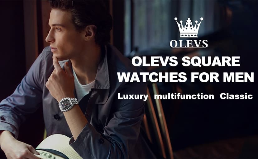 OLEVS Watches for Men Analog Quartz Luxury Diamond Waterproof Chronograph Stainless Steel Big Face Square Date Moon Phase Roman Numeral Dress Watch for Men