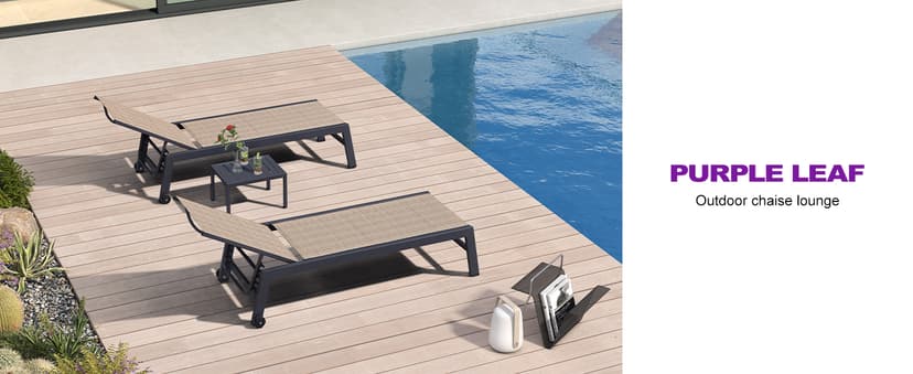 PURPLE LEAF Outdoor Chaise Lounge Set of 2 Aluminum Patio Lounge Chair with Wheels and Side Table Pool Chaise Lounge Chair for Outdoor Backyard Poolside Camel (2 Lounges Chairs W/Table)
