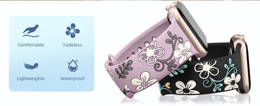 Witzon Floral Band Compatible with Apple Watch Bands For Women 40mm 41mm 38mm 42mm 44mm 45mm 46mm 49mm, Engraved Cute Flower Silicone Dressy Strap for iWatch Series 11 10 9 8 7 6 5 4 3 2 SE Ultra