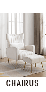 chairus Mid-Century Modern White Linen Accent Chair with Ottoman, Comfy Upholstered Lounge Armchair with Removable Cushions & Solid Wood Frame, Fabric Reading Chair for Living Room Bedroom Office