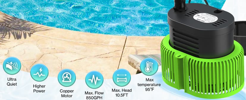 Pool Cover Pump above Ground - Submersible Water Sump Pump Swimming Water Removal Pumps, with Drainage Hose & 25 Feet Extra Long Power Cord, 850 GPH inGround, 3 Adapters