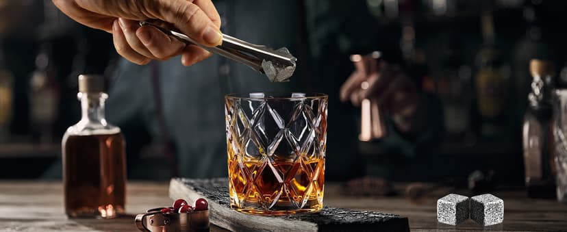 Whiskey Stones Gift Set - Bourbon Stones Gift for Men - 4 Granite Chilling Whiskey Rocks - Whiskey Glass and Stones Set - Drinking Gifts for Men Dad Husband Birthday Father's Day Groomsmen Gifts