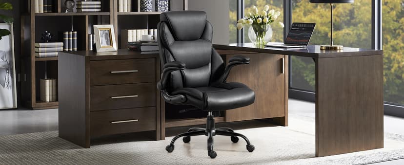 Brage Living 400LBS Big and Tall Office Chair, Heavy Duty Leather Executive Desk Chair with Padded Flip-up Arms, Swivel Rolling Computer Chair for Home Office, Black