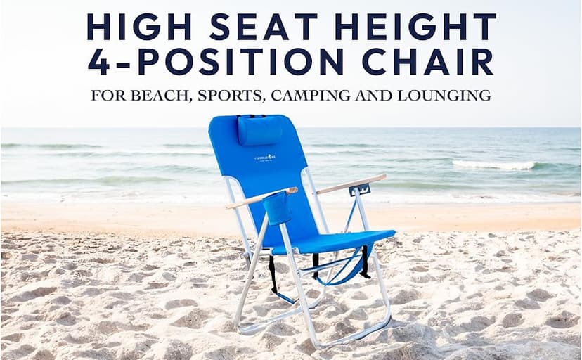 CARIBBEAN JOE Folding Beach Chair, 4 Position Portable Backpack Foldable Camping Chair with Headrest, Cup Holder, and Wooden Armrests