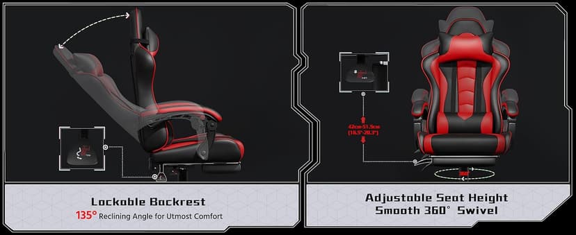 Yaheetech Gaming Chair, Video Game Chair with Massage Lumbar Support and Footrest Height Adjustable Ergonomic Computer Chair with Swivel Seat and Headrest, Black/Red