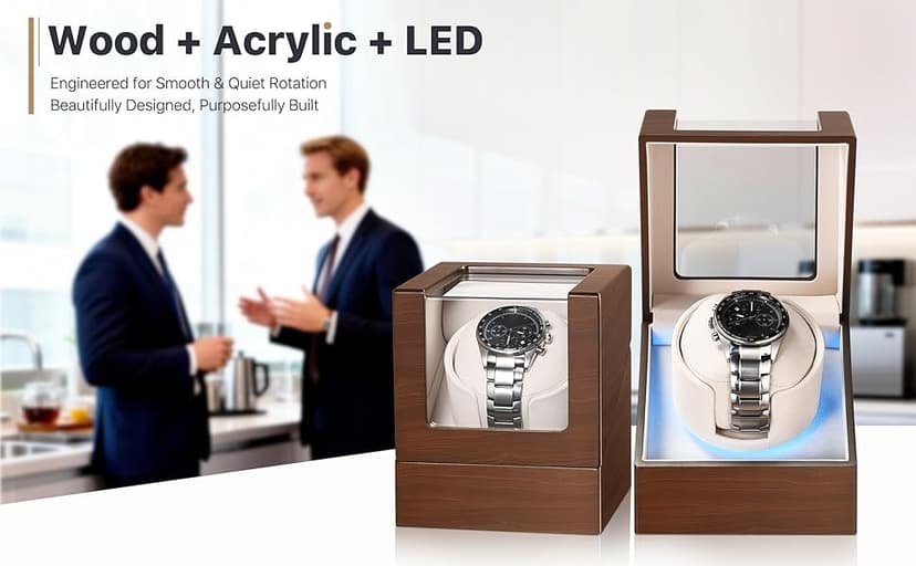 BEKESIN Watch Winder for Automatic Watches, Ultra Quiet Japanese Motor (<5 db), Premium Self Winding Rotating Wooden Watch Case with Soft Blue Ambient Light, Gifts for Him/Her/Dad