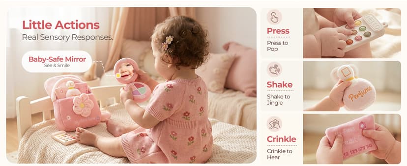 Teether Phone, Wooden Keys & Car Key, Soft Baby Purse with Mirror & Crinkle Card, Sensory Pretend Play, 1 Year Old Girl Gifts let's make My First Baby Purse, 10 Pcs Sensory Toy for Baby & Toddler Girls B0H151K19V