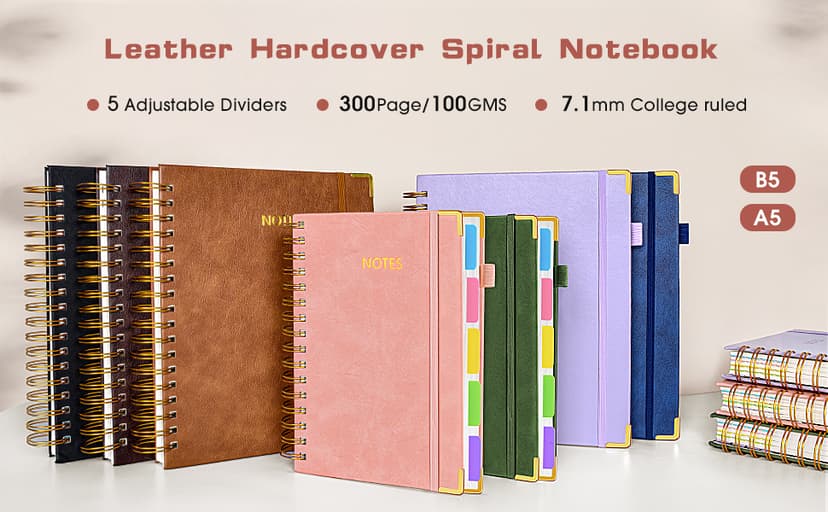 Hardcover Spiral Notebook journal with Removable Dividers Tabs, 300 Pages Leather 5 Subject Notebook College Ruled, 8"x10" Large B5 Notebooks for Work School Note taking, Lined Journal for Women,Pink B0D44Y2NSF