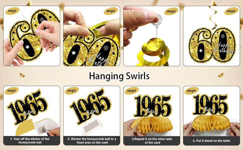 Zirtorei 60th Birthday Decorations for Men, 21pcs Vintage 1965 Banner Party Supplies, Black Gold 60 Year Old Birthday Backdrop, 60 Birthday Honeycomb Centerpiece Hanging Swirls Balloon Sash Gifts