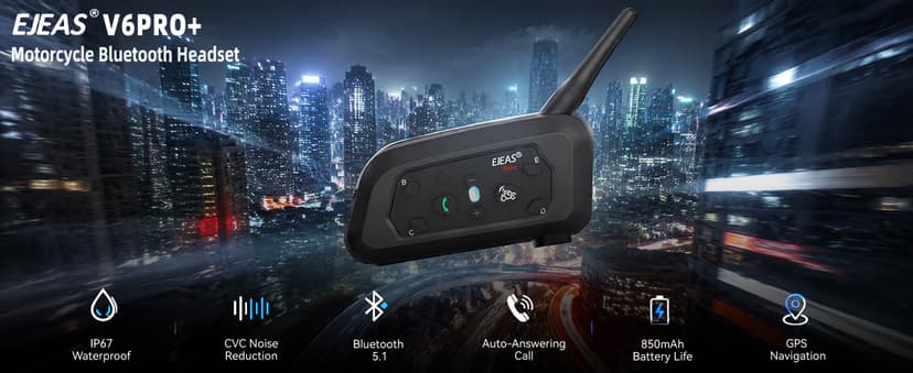 EJEAS V6 Pro Bluetooth Mesh Communication Systems Headset with 1200m Waterproof/Noise Reduction/Hands-Free Calls/Music & GPS, Motorbike/ATV/Dirt Bike/Skiing/Motorcycle Helmet Intercom(2 Pack)