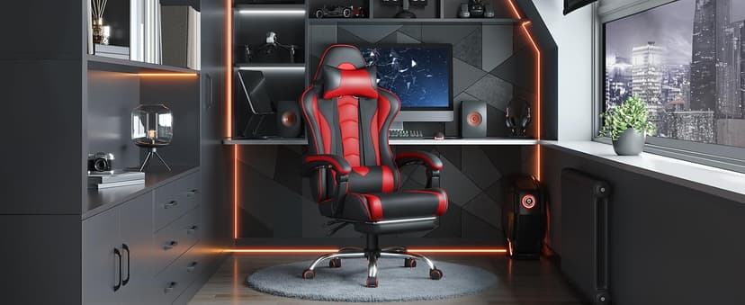 Yaheetech Gaming Chair, Video Game Chair with Massage Lumbar Support and Footrest Height Adjustable Ergonomic Computer Chair with Swivel Seat and Headrest, Black/Red