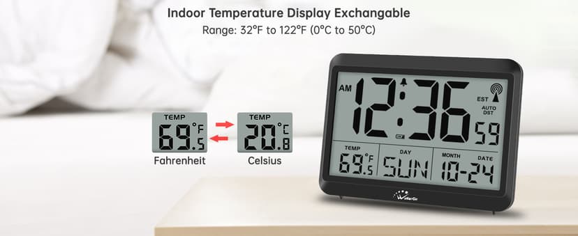 WallarGe Atomic Digital Wall Clock Battery Operated, Self-Setting, Large Display with Temperature, Date, Day of The Week, Silent Wall Mount Digital Clock, 4 Time Zones, DST