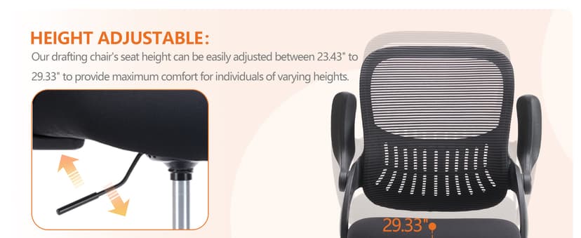 Sweetcrispy Tall Drafting Desk Chair - Ergonomic High Stool Computer with Adjustable Height and Comfy Lumbar Support, Office Rolling Counter with Flip-up Arm and Footrest, Black