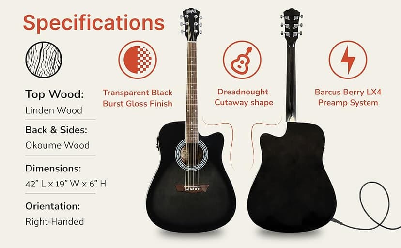 Washburn WA90CE Acoustic-Electric Guitar Kit – Dreadnought Cutaway, Built-In Tuner, Okoume Body – Perfect Holiday Gift for Adults, Beginners, Musicians & Live Performance