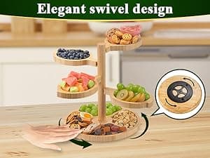 Tiered Charcuterie Board Gift for Women: Bamboo 360° Rotating Round Base with 4 Swivel Trays - White Elephant Gift, Holiday Hosting, Christmas, Birthday, Parties, House Warming Gift for Couples