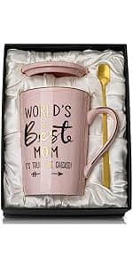 Unique Marble Gold Print Coffee Cup with Lid, Spoon, Greeting Card, Happy Moms Mothers Day Gifts Idea, Luxury Gift Boxed Set Birthday Gifts for Mom from Daughter Son, 14oz Funny Best Mom Mug, Pink B09Z7KFN1Y