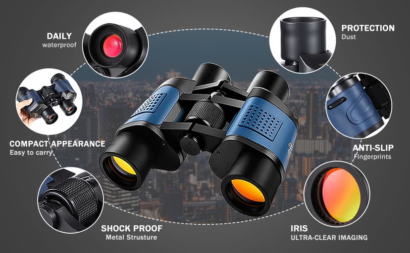 Adult Night Vision Binoculars 60x60 1000M Professional Waterproof High-Power Optical Binoculars, Suitable for Stargazing, Bird Watching, Concerts, Football, Sightseeing, Hunting, and Easy to Carry.
