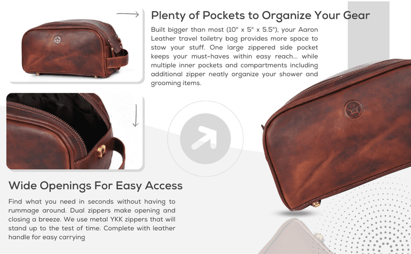 10" Premium Leather Toiletry Travel Pouch With Waterproof Lining | King-Size Handcrafted Vintage Dopp - Kit By Aaron Leather Goods (Dark Brown)