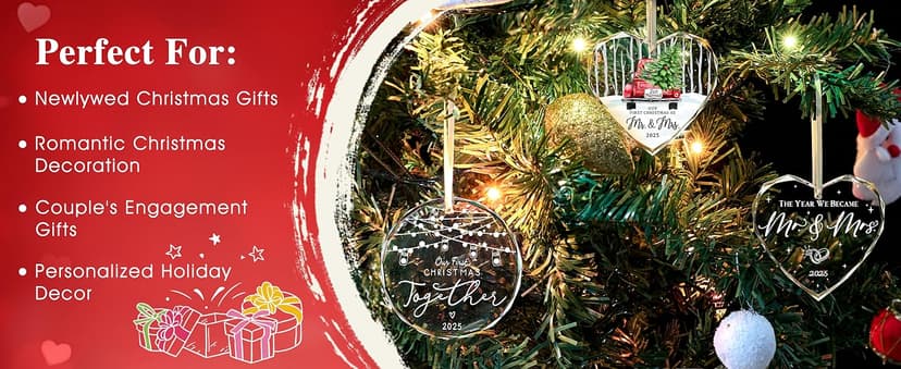 Wedding Gifts, Mr and Mrs Gift,Bridal Shower Gifts,Wedding Gift for Couples 2025, Just Married for Newlywed Couple, Bride,Crystal Glass First Christmas Married Ornament