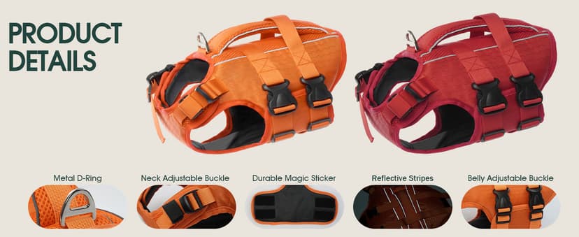 Kuoser Dog Life Jacket High Flotation, Reflective Dogs Life Vest for Swimming Boating, Adjustable Small Medium Large Dog lifejacket, Lightweight Dogs Life Preserver Rescue Handle Spring Summer Pool