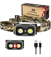 Mossy Oak 600 Lumens Rechargeable Headlamp, Lightweight LED Headlight with White & Red Light, Waterproof Head Lamp with Non-Slip Band, Dimmable & Memory Function for Hunting, Camping, Power Outage