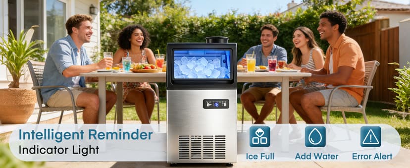 Commercial Ice Maker Machine, 100LBS/24H Freestanding & Undercounter Ice Machine with 2 Water Inlets, 40 PCS/Cycle and 24LBS Storage Bin, Stainless Steel, LED Display & Self-Cleaning for Home Bar