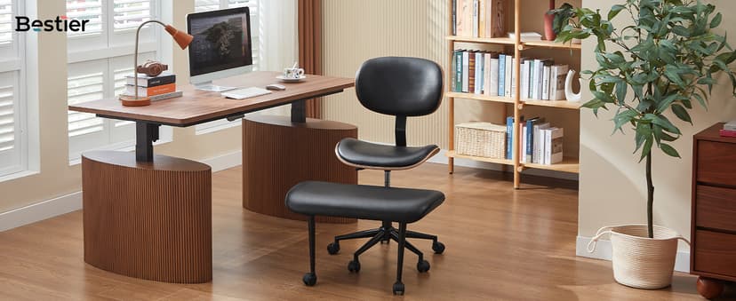 Bestier Cross Legged Office Chair with Wheels, Ergonomic Wide Meditation Chair for Adults up to 300 lbs, 360° Swivel Seat for ADHD, Strong Lumbar Support for Kneeling Meditation Black PU Leather