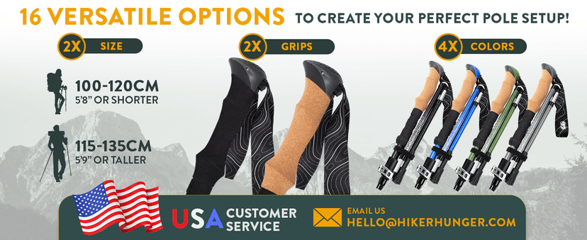 Premium Foldable Hiking Poles by USA Brand - Adjustable, Lightweight Trekking Poles Made of Aircraft Aluminum, Metal Flip Locks & Comfortable Real Cork and EVA Foam Grips
