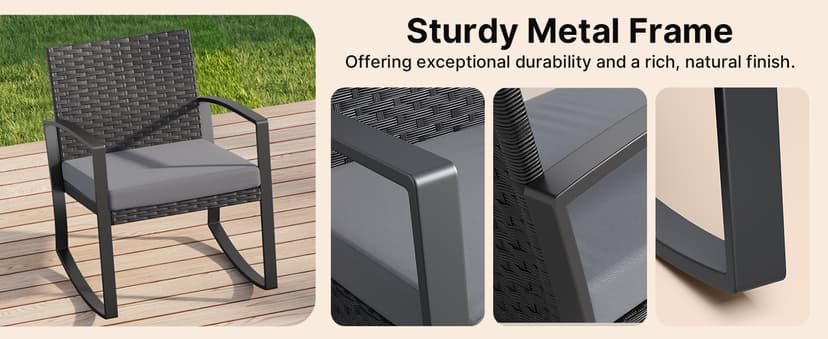 3 Pieces Outdoor Patio Furniture Set Rocking Bistro Set Outdoor Rattan Conversation with Coffee Table for Garden Balcony Backyard Poolside (Grey Cushion)