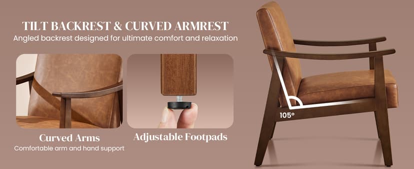 Yaheetech PU Leather Accent Chair, Mid-Century Modern Armchair with Solid Wood Legs, Reading Leisure Chair with High Back for Living Room Bedroom Waiting Room, Brown