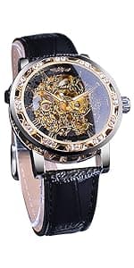 FORSINING Vintage Watch for Men Engraved Automatic Self-Wind Mechanical Big Dial Luminous Moon Phase Golden Hollow Tattoo Pattern Wrist Watches, Mechanical