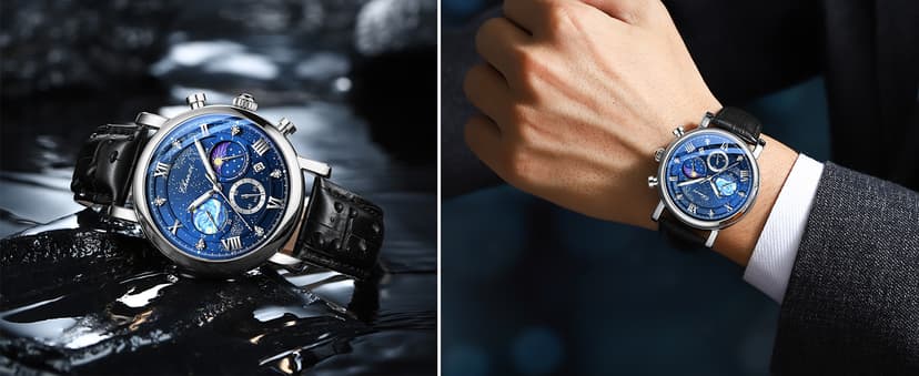 FANMIS Men's Classic Multifunctional Military Sports Analog Watch Business Dress Waterproof Luminous Chronograph Starry Sky Moon Phase Leather Wristwatch