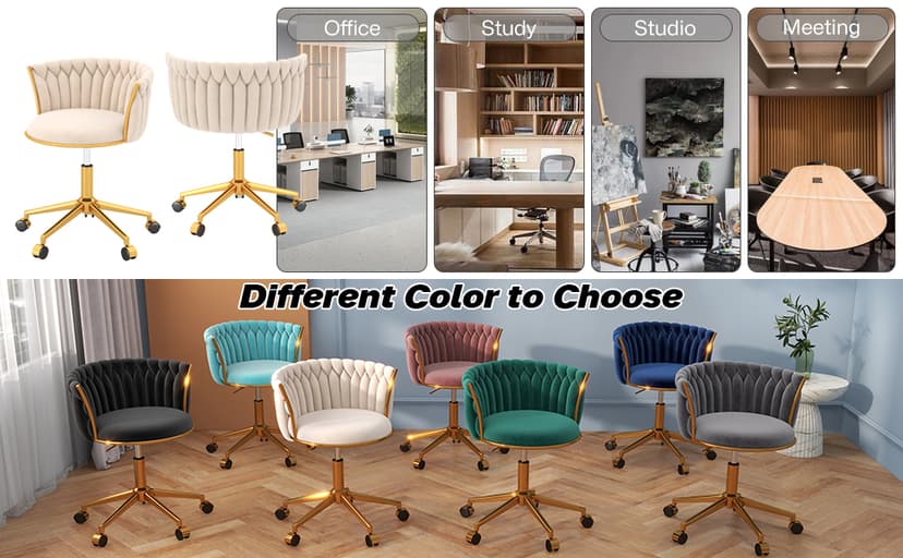 HENGJIANYI Velvet Woven Home Office Chair, Modern Swivel Desk Chair with Wheels, Height Adjustable Vanity Chair with Gold Metal Base and Hand Weaving Back, Beige