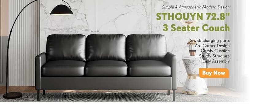 STHOUYN 72" W Faux Leather Black Sofa 3 Seat Couch, Modern Comfy Couch with 2 USB, Small Couches for Living Room Apartment Bedroom Small Spaces, Office(Black (Sofa))