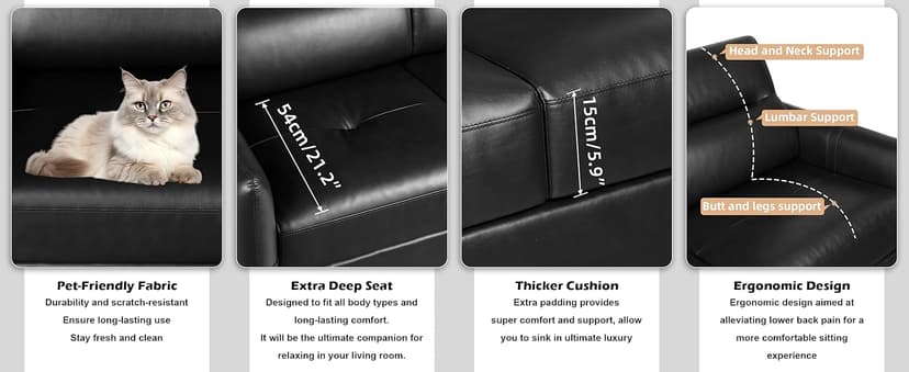 STHOUYN 85” Black Faux Leather Couch with USB, 3 Seater Sofa Couches for Living Room, Large Mid Century Modern Office Apartment Couch (Black)