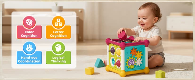 PANITU Baby Activity Cube, Cube Toys for Babies 6-12 Months, Toddler Music Busy Board with 4 Sensory Shape Blocks, 6-in-1 Educational Early Development Toy, Christmas, Birthday Gift for 1 Year Old