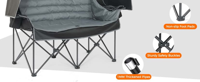 Double Camping Chair with Canopy Heavy Duty 2 Person Folding Loveseat Beach Chair with Shade High Back Oversized Outdoor Camping Couch with Cup Holders & Wine Racks for Lawn, Fishing, Sports