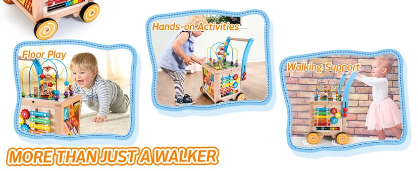 Wooden Baby Walker | Baby Push Walker with 9-in-1 Activity Cube, Sit to Stand Learning Walker Toy with Wheels for Boys Girls, Montessori Activity Center Walker, Adjustable Speed & Height