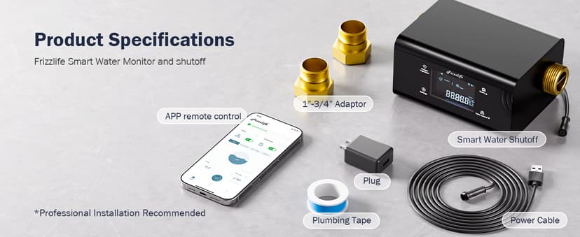 Frizzlife LP365 Smart Water Monitor and Automatic Shutoff - 0.01GPM Ultrasonic Micro Leak Detection, APP Wi-Fi Remote Control, Real-Time Flow/Temp Monitoring, 24/7 Water Usage Reports, 3/4" and 1"