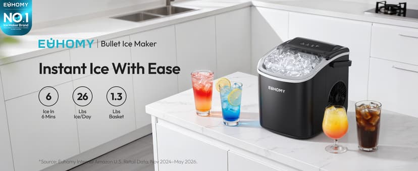 EUHOMY Countertop Ice Maker Machine with Handle, 26lbs in 24Hrs, 9 Ice Cubes Ready in 6 Mins, Auto-Cleaning Portable Ice Maker with Basket and Scoop, for Home/Kitchen/Camping/RV. (Black)