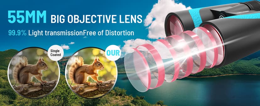 15x55 UHD Binoculars for Adults – High Powered Large View, BAK4 Prism, Waterproof & Lightweight for Bird Watching, Hunting,Hiking, Travel, Cruise, Sports with Phone Adapter (Blue)