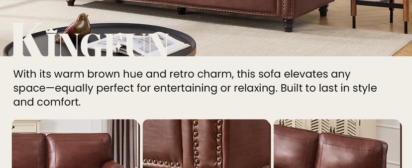 Kingfun Mid-Century Modern Couch, Faux Leather Sofa, 3 Seater Couch for Living Room with Rolled arms & Nailhead Trim, Dark Coffee