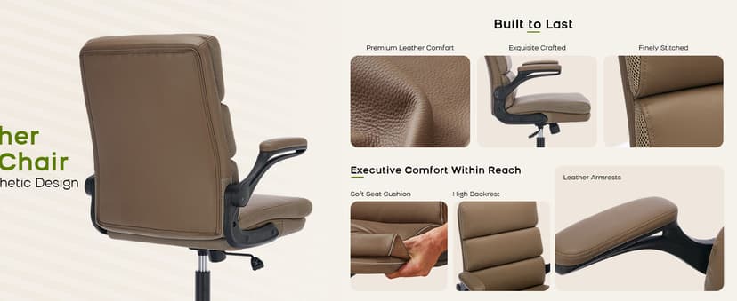 Office Chair Adjustable Desk Chair Mid Back Executive Comfortable Bonded Leather Ergonomic Back Support Home Computer Chairs with Padded Flip-up Armrest Swivel Wheels (Tan)