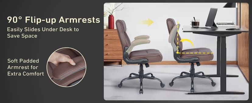 Home Office Chair with Lumbar Support, 5" Thickened Seat, Small PU Leather Rocking Desk Chair, Comfy Computer Chairs with Rolling Wheels & Adjustable Armrests for Adults, Brown