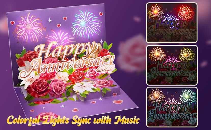 Airpark Anniversary Card with Music & Lights, 3D Pop Up Happy Anniversary Cards for Him Her Husband Wife Couple, Fireworks & Rose Lily Paper Flowers