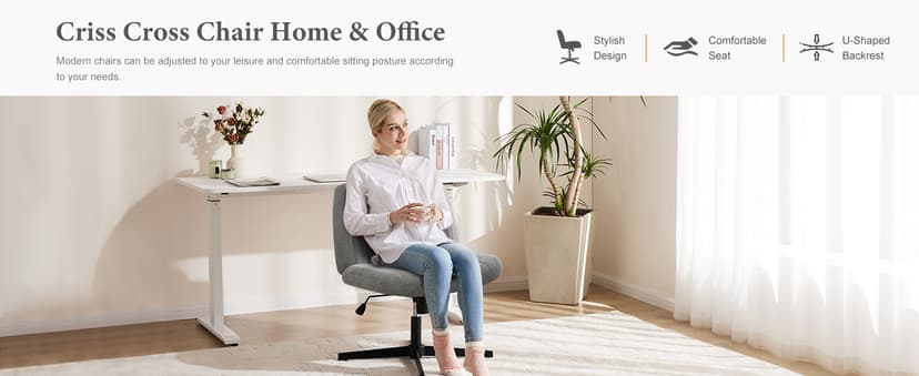 Sweetcrispy Criss Cross Chair Legged, Armless Office Swivel Desk Chairs No Wheels, Vanity Height Adjustable Wide Seat Comfy Cute Computer Task Seating for Home Bedroom, Grey