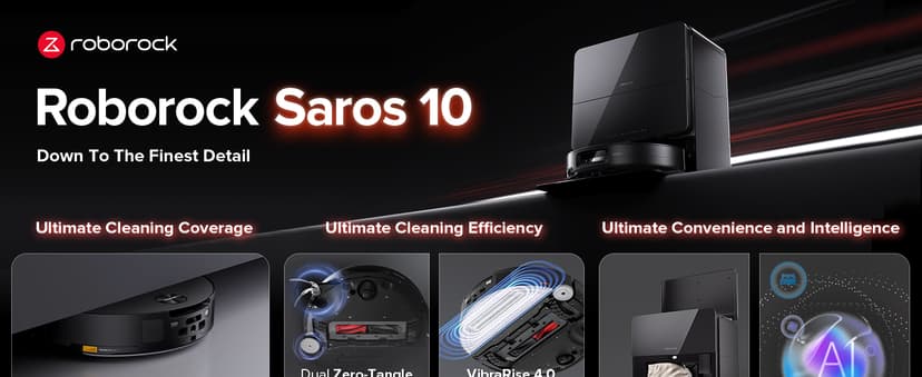 roborock Saros 10 Robot Vacuum and Mop, 22,000Pa Suction, AI Obstacle Avoidance, 3.14-inch Ultra Thin, Intelligent Dirt Detection, Zero Tangling Main Brush, Hot Water Mop & Dock Self Cleaning
