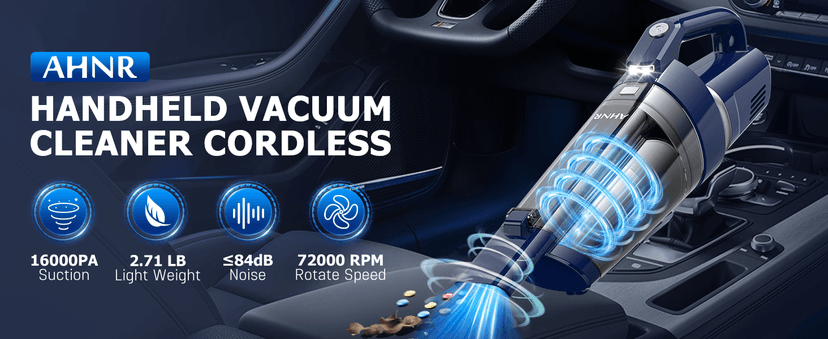 AHNR Handheld Vacuum Cordless, 16000PA Powerful Suction Hand Held Vacuum Dust Busters Cordless Rechargeable with LED Light & 2 HEPA Filters, Portable Car Vacuum Cleaner High Power for Car Home Office
