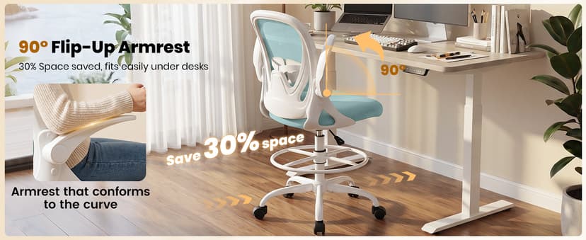 Primy Drafting Chair Tall Office Chair with Flip-up Armrests Executive Ergonomic Computer Standing Desk Chair with Lumbar Support and Adjustable Footrest Ring(Light Blue)